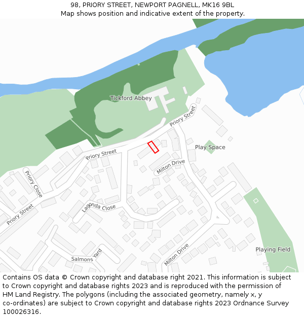 98, PRIORY STREET, NEWPORT PAGNELL, MK16 9BL: Location map and indicative extent of plot