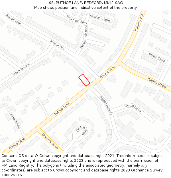 98, PUTNOE LANE, BEDFORD, MK41 9AG: Location map and indicative extent of plot