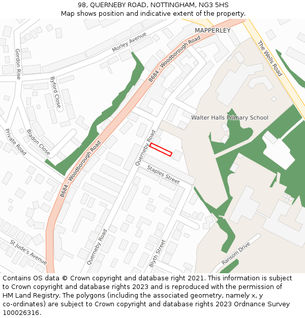 98, QUERNEBY ROAD, NOTTINGHAM, NG3 5HS: Location map and indicative extent of plot