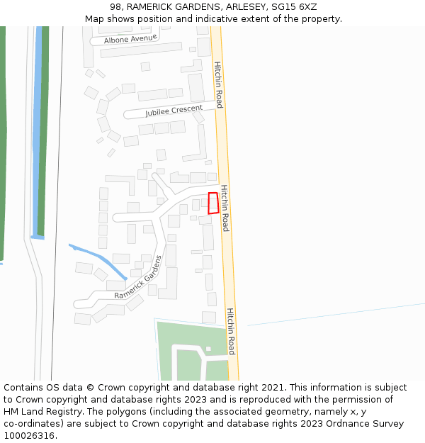 98, RAMERICK GARDENS, ARLESEY, SG15 6XZ: Location map and indicative extent of plot