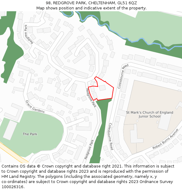 98, REDGROVE PARK, CHELTENHAM, GL51 6QZ: Location map and indicative extent of plot