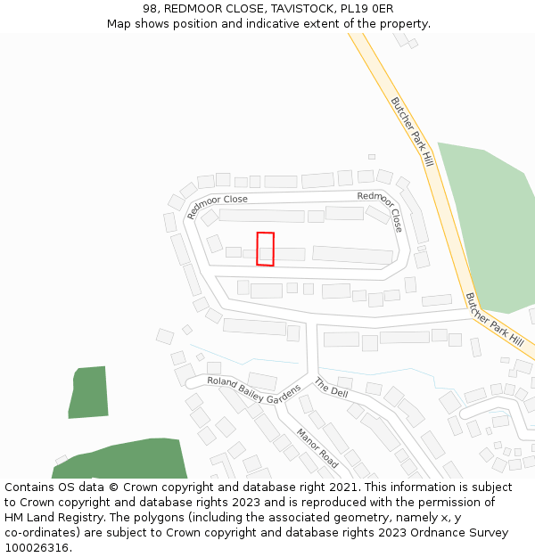 98, REDMOOR CLOSE, TAVISTOCK, PL19 0ER: Location map and indicative extent of plot