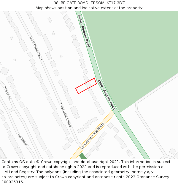 98, REIGATE ROAD, EPSOM, KT17 3DZ: Location map and indicative extent of plot