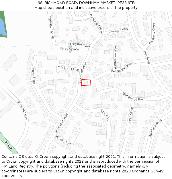 98, RICHMOND ROAD, DOWNHAM MARKET, PE38 9TB: Location map and indicative extent of plot