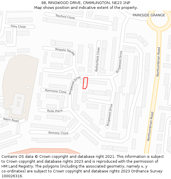 98, RINGWOOD DRIVE, CRAMLINGTON, NE23 1NP: Location map and indicative extent of plot