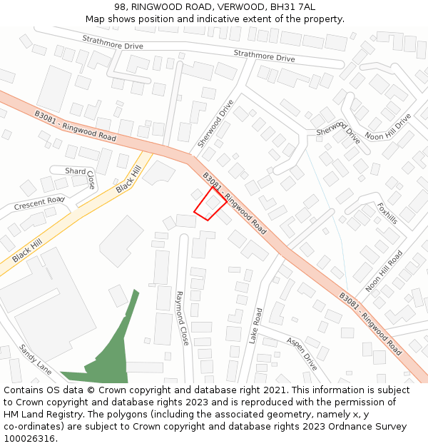 98, RINGWOOD ROAD, VERWOOD, BH31 7AL: Location map and indicative extent of plot