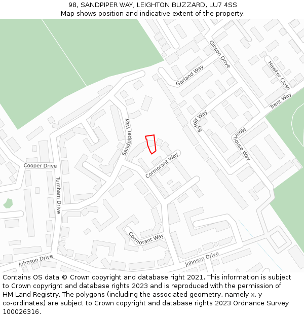 98, SANDPIPER WAY, LEIGHTON BUZZARD, LU7 4SS: Location map and indicative extent of plot