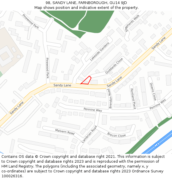 98, SANDY LANE, FARNBOROUGH, GU14 9JD: Location map and indicative extent of plot