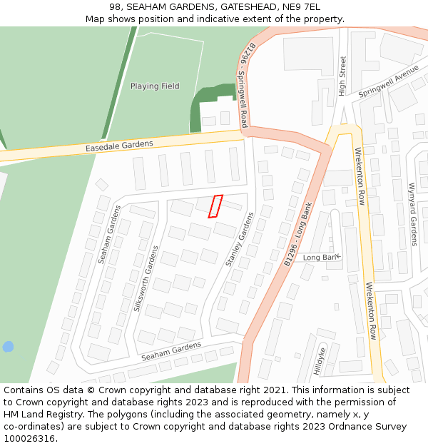 98, SEAHAM GARDENS, GATESHEAD, NE9 7EL: Location map and indicative extent of plot