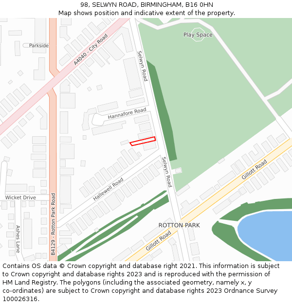 98, SELWYN ROAD, BIRMINGHAM, B16 0HN: Location map and indicative extent of plot