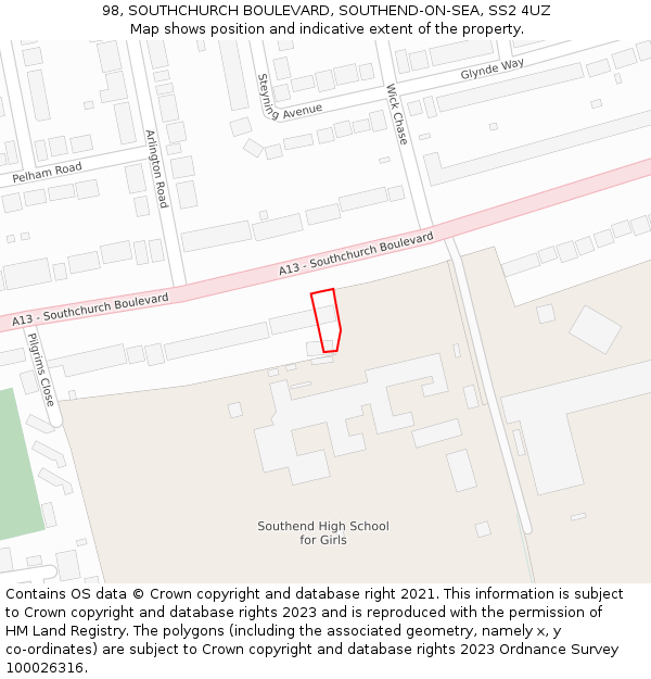 98, SOUTHCHURCH BOULEVARD, SOUTHEND-ON-SEA, SS2 4UZ: Location map and indicative extent of plot