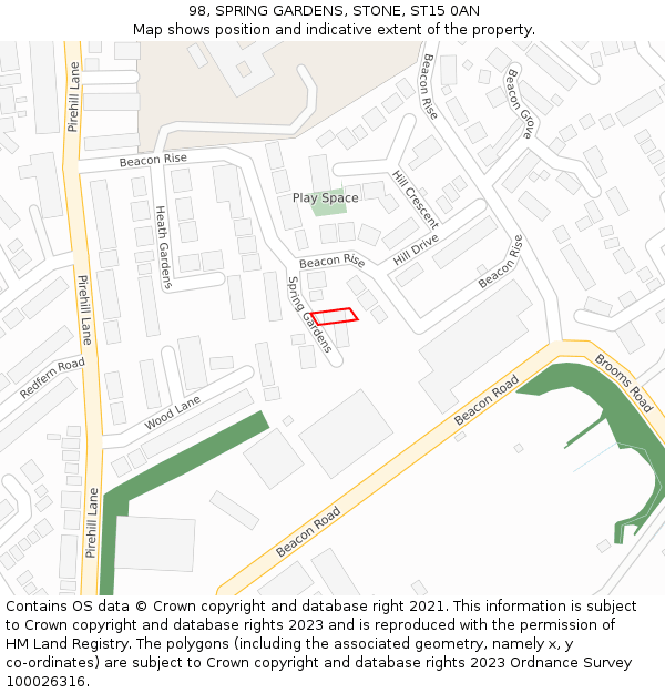 98, SPRING GARDENS, STONE, ST15 0AN: Location map and indicative extent of plot