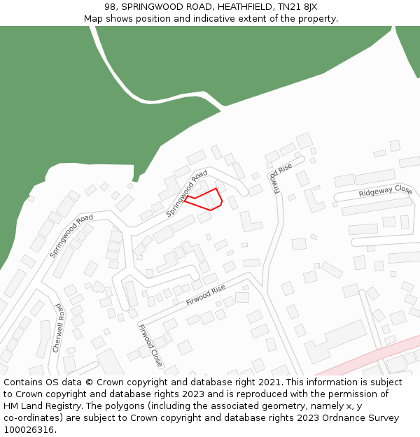 98, SPRINGWOOD ROAD, HEATHFIELD, TN21 8JX: Location map and indicative extent of plot