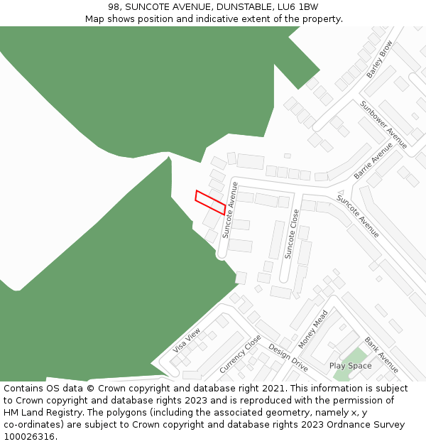 98, SUNCOTE AVENUE, DUNSTABLE, LU6 1BW: Location map and indicative extent of plot