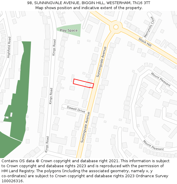 98, SUNNINGVALE AVENUE, BIGGIN HILL, WESTERHAM, TN16 3TT: Location map and indicative extent of plot