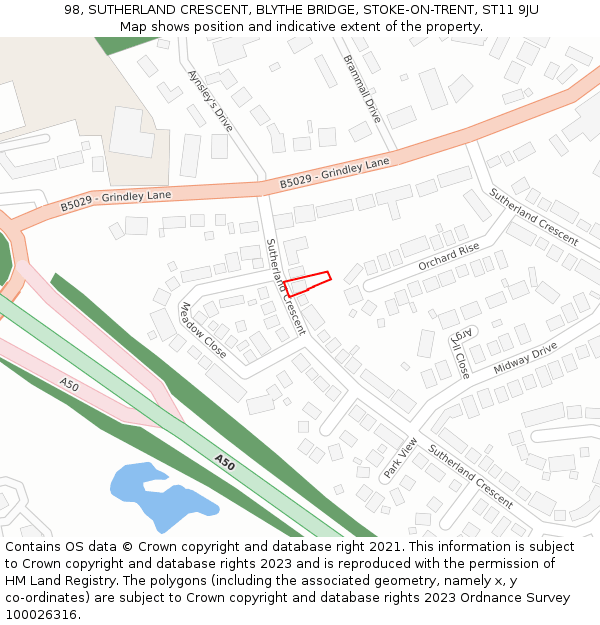 98, SUTHERLAND CRESCENT, BLYTHE BRIDGE, STOKE-ON-TRENT, ST11 9JU: Location map and indicative extent of plot