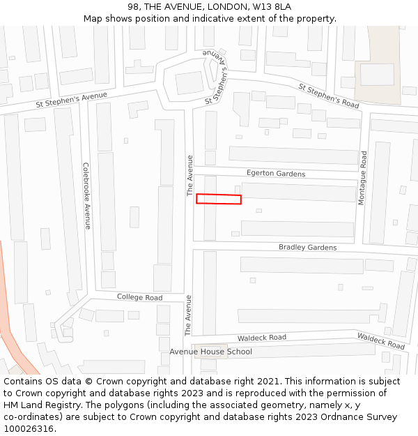 98, THE AVENUE, LONDON, W13 8LA: Location map and indicative extent of plot