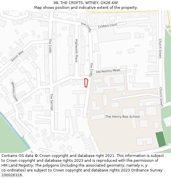 98, THE CROFTS, WITNEY, OX28 4AF: Location map and indicative extent of plot