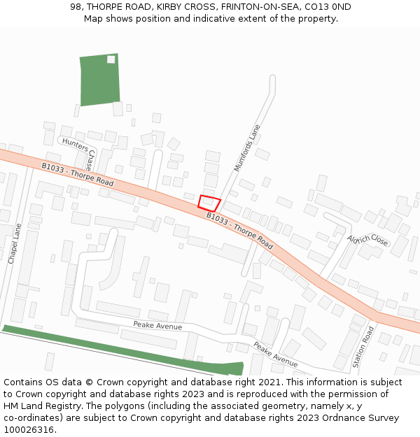 98, THORPE ROAD, KIRBY CROSS, FRINTON-ON-SEA, CO13 0ND: Location map and indicative extent of plot