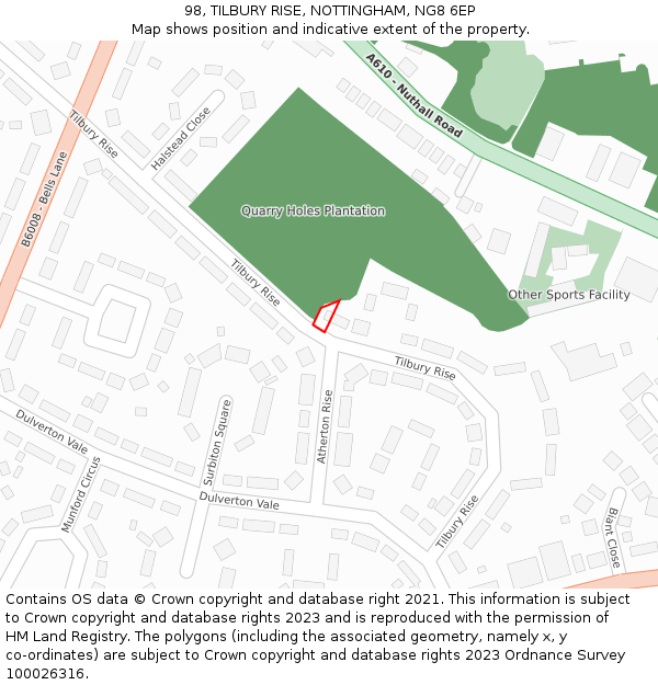 98, TILBURY RISE, NOTTINGHAM, NG8 6EP: Location map and indicative extent of plot