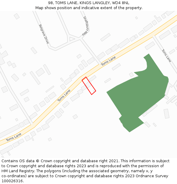 98, TOMS LANE, KINGS LANGLEY, WD4 8NL: Location map and indicative extent of plot