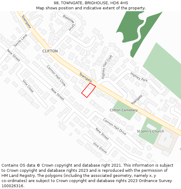 98, TOWNGATE, BRIGHOUSE, HD6 4HS: Location map and indicative extent of plot