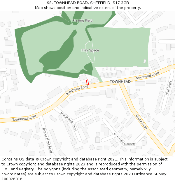 98, TOWNHEAD ROAD, SHEFFIELD, S17 3GB: Location map and indicative extent of plot