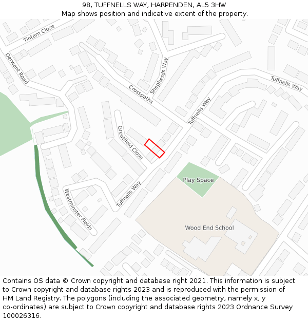 98, TUFFNELLS WAY, HARPENDEN, AL5 3HW: Location map and indicative extent of plot