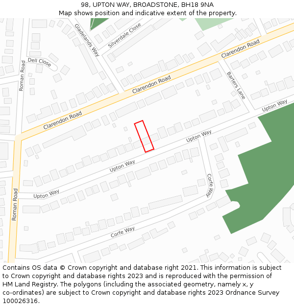 98, UPTON WAY, BROADSTONE, BH18 9NA: Location map and indicative extent of plot