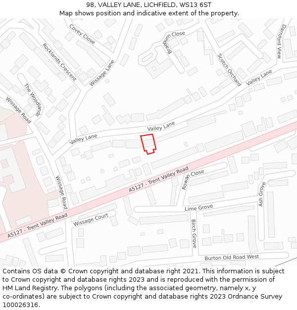 98, VALLEY LANE, LICHFIELD, WS13 6ST: Location map and indicative extent of plot