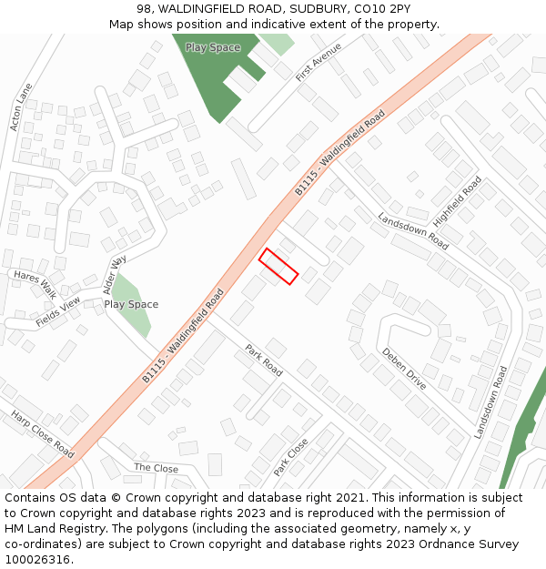 98, WALDINGFIELD ROAD, SUDBURY, CO10 2PY: Location map and indicative extent of plot