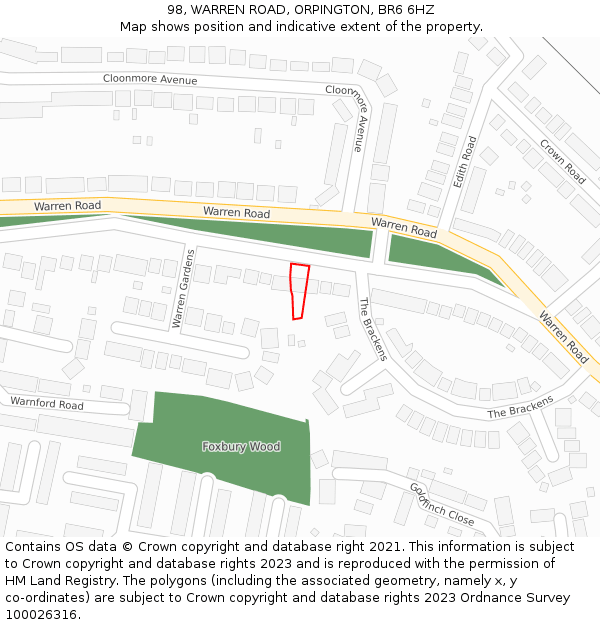 98, WARREN ROAD, ORPINGTON, BR6 6HZ: Location map and indicative extent of plot