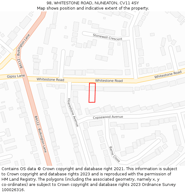 98, WHITESTONE ROAD, NUNEATON, CV11 4SY: Location map and indicative extent of plot