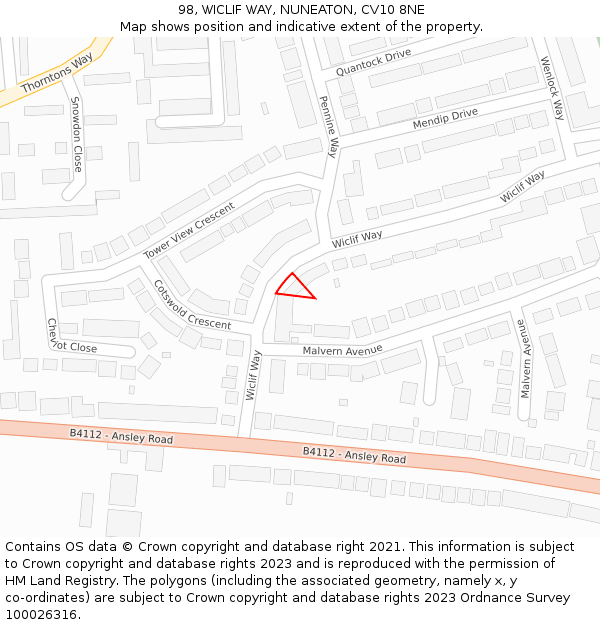 98, WICLIF WAY, NUNEATON, CV10 8NE: Location map and indicative extent of plot