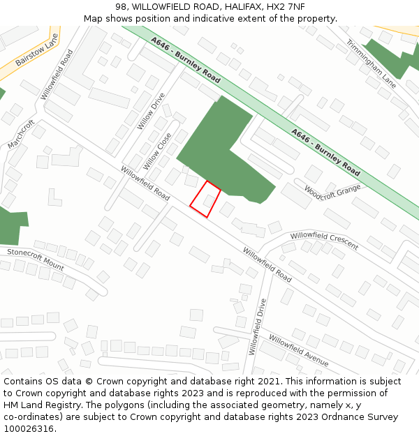 98, WILLOWFIELD ROAD, HALIFAX, HX2 7NF: Location map and indicative extent of plot