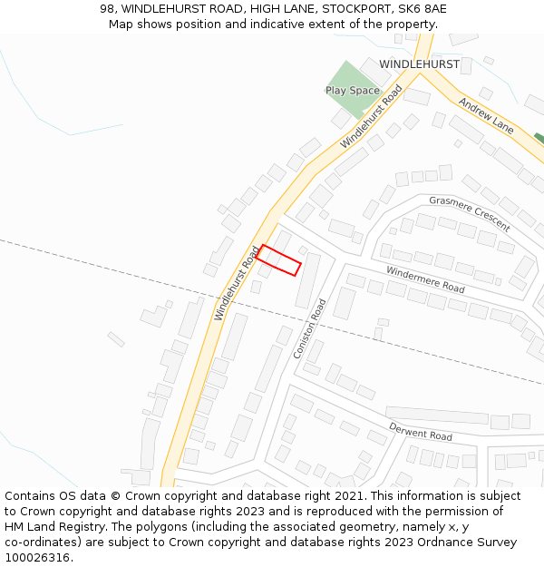 98, WINDLEHURST ROAD, HIGH LANE, STOCKPORT, SK6 8AE: Location map and indicative extent of plot