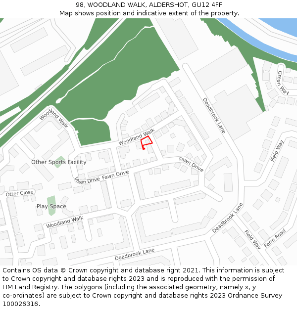 98, WOODLAND WALK, ALDERSHOT, GU12 4FF: Location map and indicative extent of plot