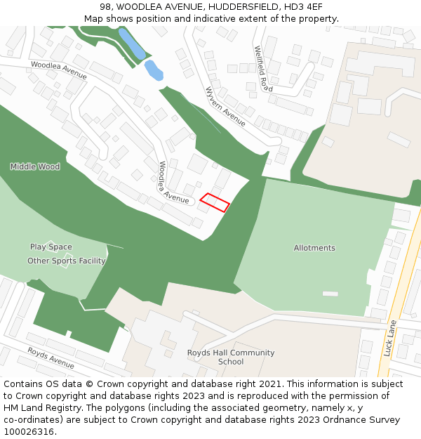 98, WOODLEA AVENUE, HUDDERSFIELD, HD3 4EF: Location map and indicative extent of plot