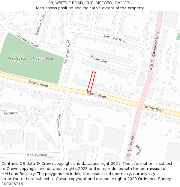 98, WRITTLE ROAD, CHELMSFORD, CM1 3BU: Location map and indicative extent of plot