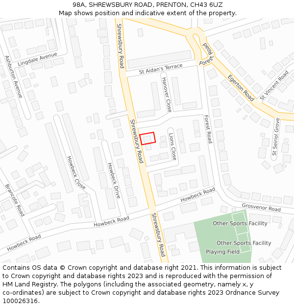 98A, SHREWSBURY ROAD, PRENTON, CH43 6UZ: Location map and indicative extent of plot