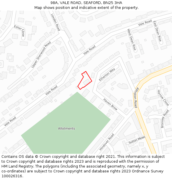 98A, VALE ROAD, SEAFORD, BN25 3HA: Location map and indicative extent of plot