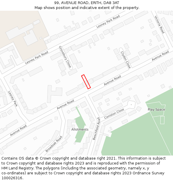 99, AVENUE ROAD, ERITH, DA8 3AT: Location map and indicative extent of plot
