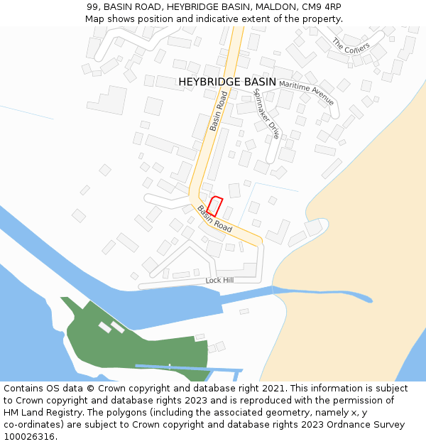 99, BASIN ROAD, HEYBRIDGE BASIN, MALDON, CM9 4RP: Location map and indicative extent of plot