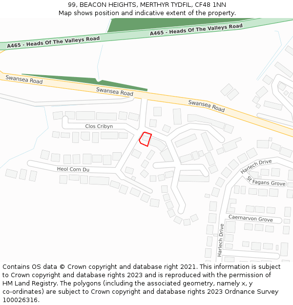 99, BEACON HEIGHTS, MERTHYR TYDFIL, CF48 1NN: Location map and indicative extent of plot