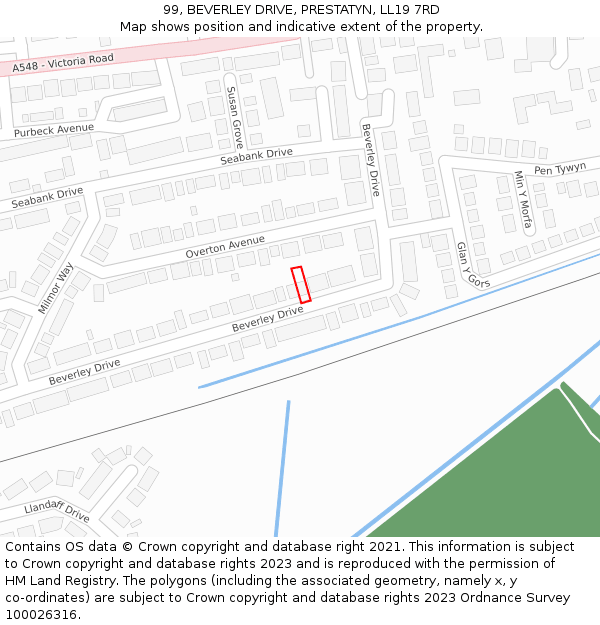 99, BEVERLEY DRIVE, PRESTATYN, LL19 7RD: Location map and indicative extent of plot