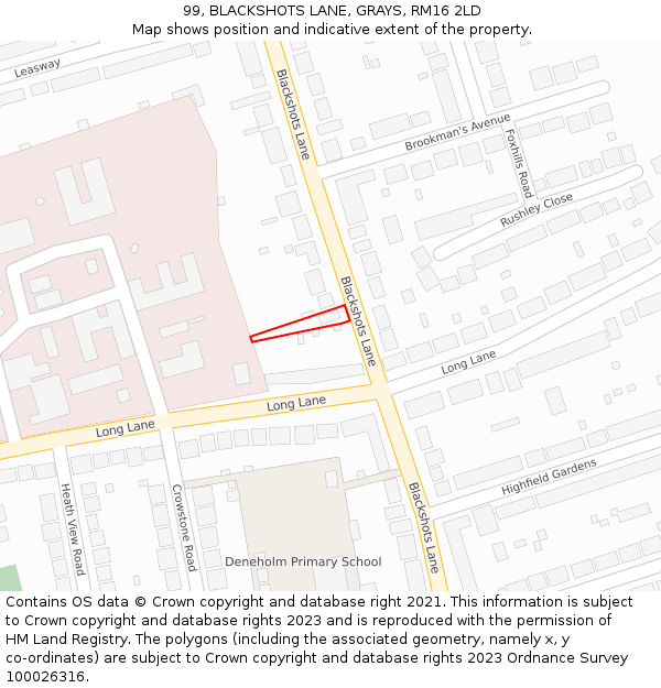 99, BLACKSHOTS LANE, GRAYS, RM16 2LD: Location map and indicative extent of plot