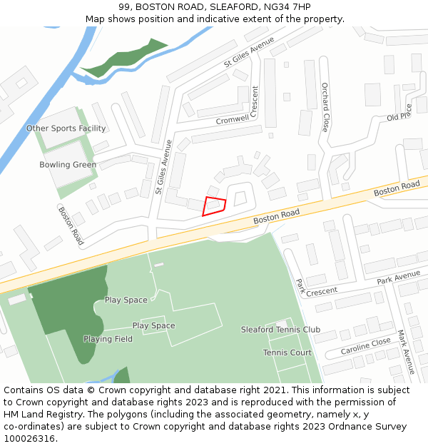 99, BOSTON ROAD, SLEAFORD, NG34 7HP: Location map and indicative extent of plot