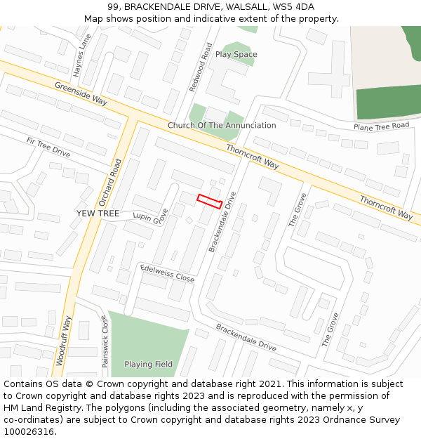 99, BRACKENDALE DRIVE, WALSALL, WS5 4DA: Location map and indicative extent of plot