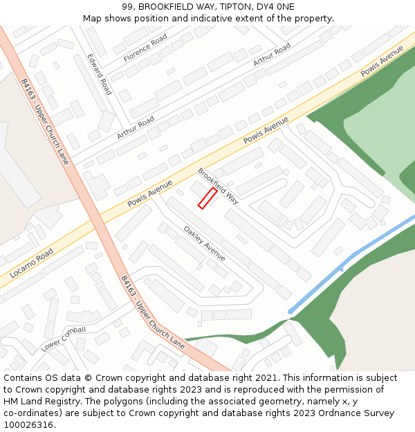 99, BROOKFIELD WAY, TIPTON, DY4 0NE: Location map and indicative extent of plot