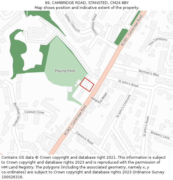 99, CAMBRIDGE ROAD, STANSTED, CM24 8BY: Location map and indicative extent of plot